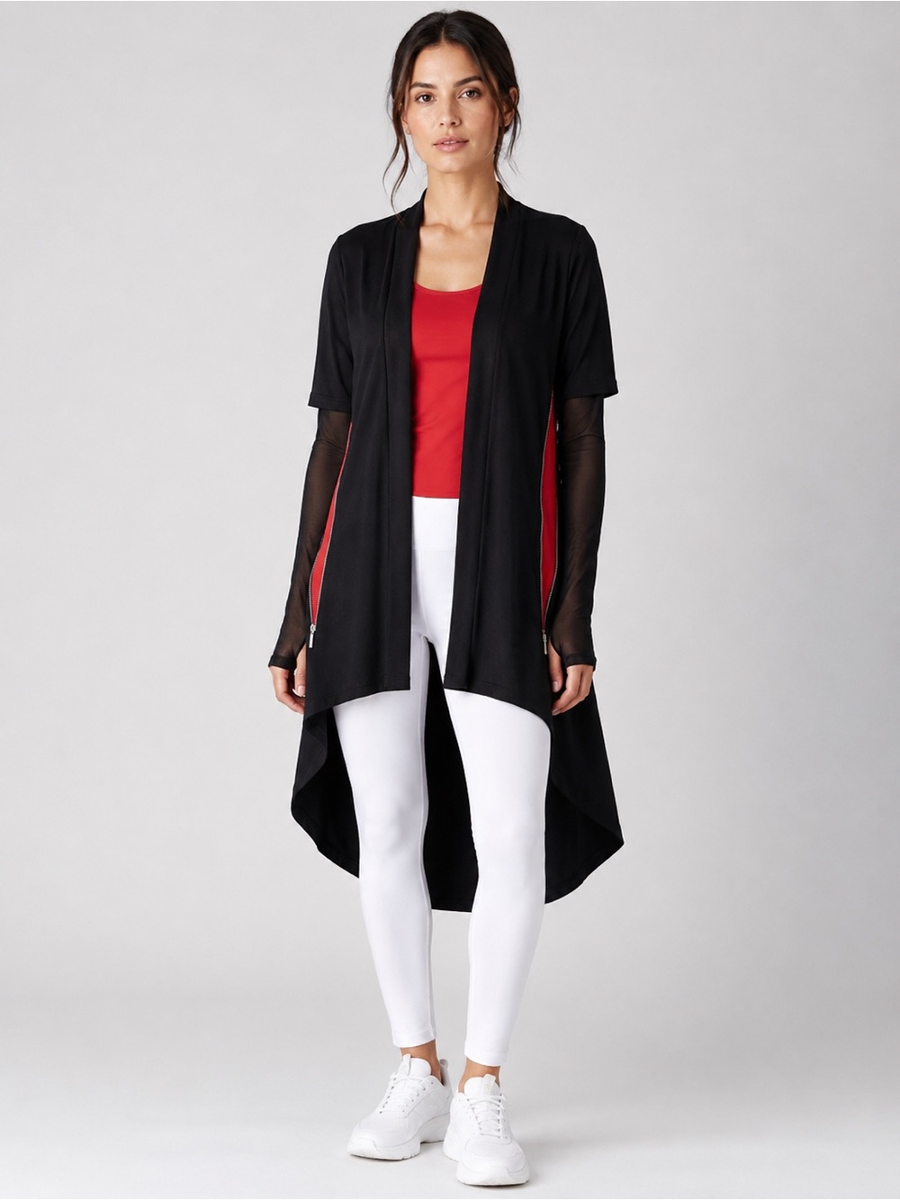 Anatomie Dawn High Low Wrinkle-Free Travel Cardigan Size M Black Red Mesh Sleeve